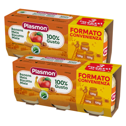 La merenda Banana Mela Biscotto e Miele, 2  confezioni da 3x120gr 