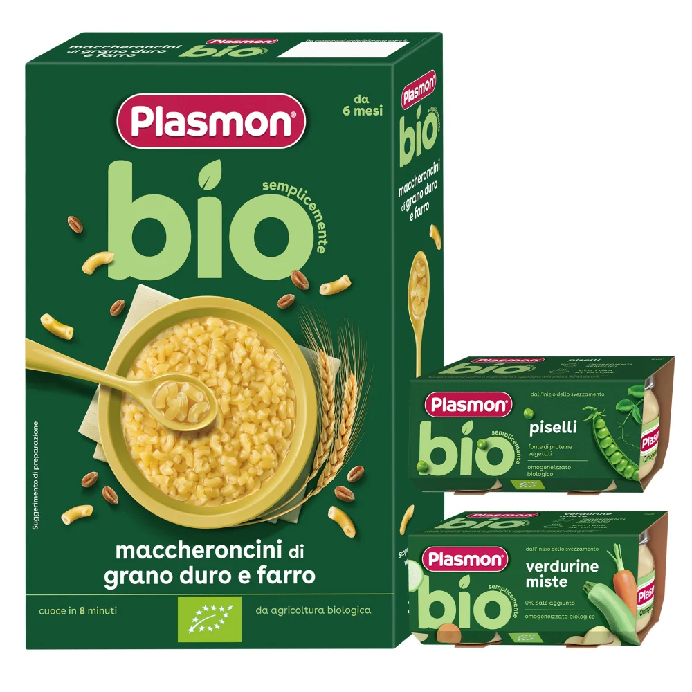 Pappa Bio: Pastina biologica Maccheroncini, Omogeneizzato biologico Verdure Miste e Omogeneizzato biologico Piselli Image 1