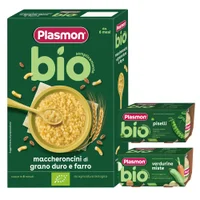 Pappa Bio: Pastina biologica Maccheroncini, Omogeneizzato biologico Verdure Miste e Omogeneizzato biologico Piselli