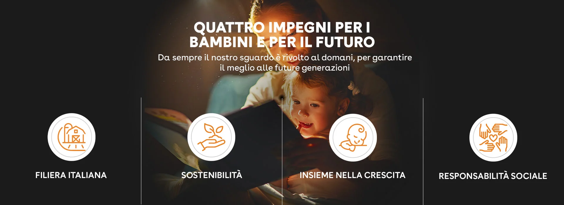 QUATTRO IMPEGNI, PER I BAMBINI E PER IL FUTURO. Da sempre il nostro sguardo e rivolto al domani, per garantire il meglio alle future generazioni. Filiera Italiana/ Sostenibilita/ Insieme nella creascita/ Responsabilita sociale